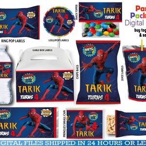 Etiquettes Spiderman Party, bouteille d'eau, chips, barres chocolatées, étiquettes de jus, étiquettes de remerciement, activité, sacs. NUMÉRIQUE