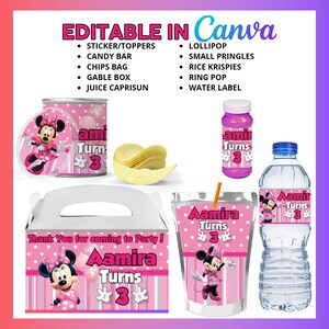 May include: Printable party favour labels featuring a cartoon image of Minnie Mouse. The labels are pink and white with polka dots and stripes. The text on the labels reads "Aamira Turns 3".