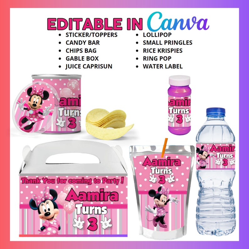 May include: Printable party favour labels featuring a cartoon image of Minnie Mouse. The labels are pink and white with polka dots and stripes. The text on the labels reads "Aamira Turns 3".