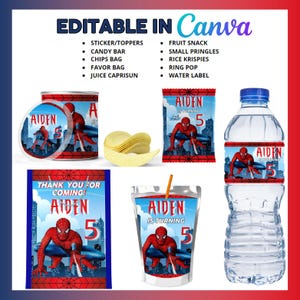 May include: Printable party favor labels featuring a Spiderman character with a red and blue suit. The labels are designed for a birthday party with the name Aiden and the age 5. The labels are for a variety of party favors including juice boxes, water bottles, chip bags, candy bars, and favor bags.