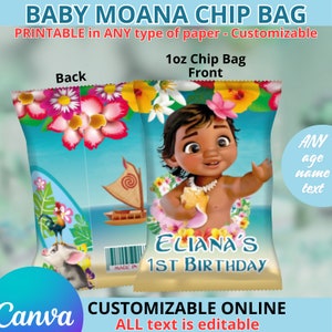 Sacs de chips Moana pour bébé. Modifiable dans CANVA