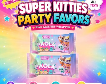 Plantilla de Rice Krispies de Supergatitos para Cumpleaños. Editable en CANVA.