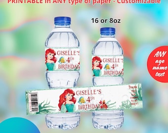 Princess Ariel the Little Mermaid Water label templete. Editable in CANVA