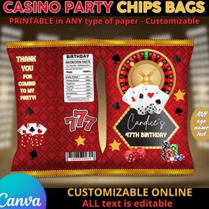May include: A red casino-themed chip bag design with gold accents. The bag features a roulette wheel, playing cards, dice, and casino chips. Text includes "Casino Party Chips Bags" and "Candice's 47th Birthday". The design is customizable and printable.