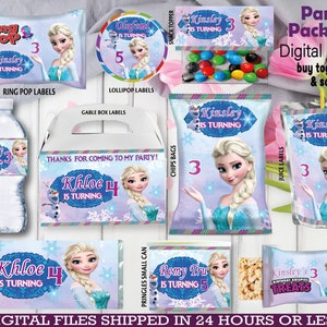 Frozen Party Favors, water bottle, chip, candy bars, juice labels, thank you tags, activity, bags. DIGITAL