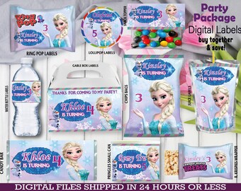 Frozen Party Favors, water bottle, chip, candy bars, juice labels, thank you tags, activity, bags. DIGITAL