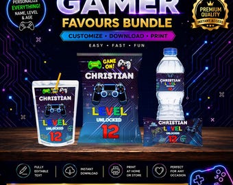 May include: A digital party favor bundle featuring a juice pouch, chip bag, water bottle label, and candy bar wrapper. Each item displays the text Christian, Level 12 Unlocked, and a video game controller graphic against a dark blue circuit board background.