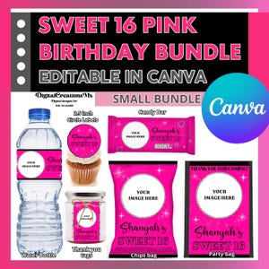 Sweet 16th pink Favors Glitter Birthday or any age: Chip Bag,  Water Bottle, Candy Bar Labels, and more DIGITAL. Editable in CANVA