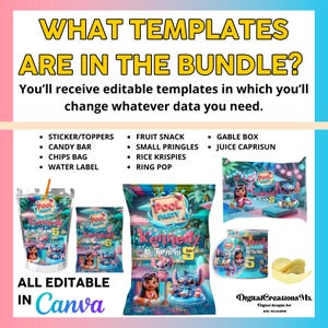 May include: A digital template bundle for a pool party, featuring editable designs for stickers, candy bars, chip bags, water labels, fruit snacks, Pringles, Rice Krispies, ring pops, gable boxes, and juice CapriSun. The designs include a pool party theme with the text "Kennedy is turning 5".