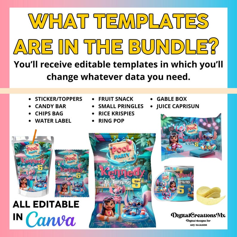 May include: A digital template bundle for a pool party, featuring editable designs for stickers, candy bars, chip bags, water labels, fruit snacks, Pringles, Rice Krispies, ring pops, gable boxes, and juice CapriSun. The designs include a pool party theme with the text "Kennedy is turning 5".