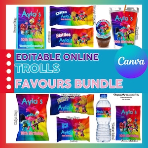 Trolls 10 Party Pack, water bottle, chip, candy bars, juice labels and more... Editable in CANVA