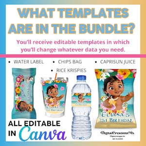 May include: A set of printable party favor labels featuring a cartoon character with a floral background. The labels are for water bottles, juice boxes, chips bags, and rice krispies treats. The labels are editable in Canva and say "Eliana's 1st Birthday".