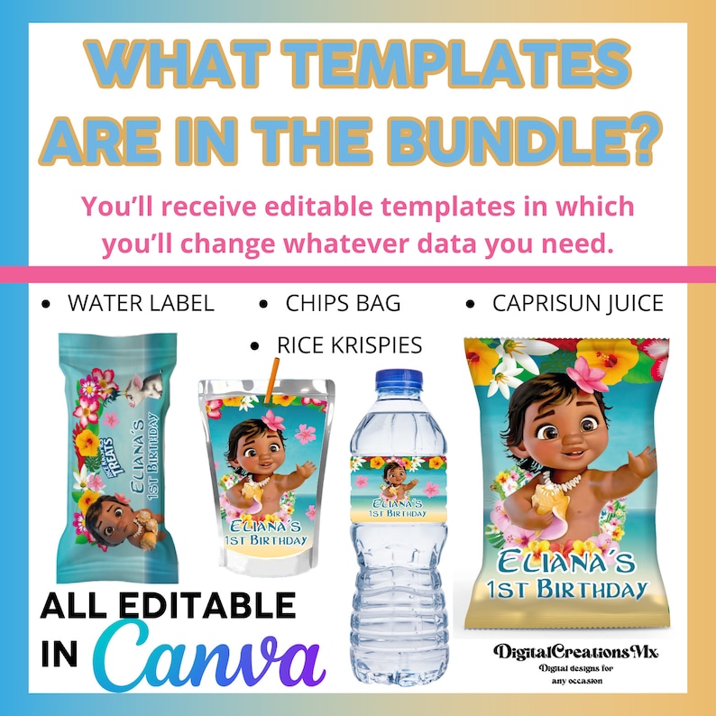 May include: A set of printable party favor labels featuring a cartoon character with a floral background. The labels are for water bottles, juice boxes, chips bags, and rice krispies treats. The labels are editable in Canva and say "Eliana's 1st Birthday".