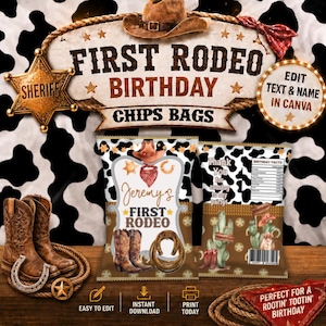 May include: A western-themed birthday party design featuring chip bags with a cowboy hat, boots, and horseshoe. The text reads "First Rodeo Birthday" and "Chips Bags". The background has a cowhide pattern and a sheriff's badge.