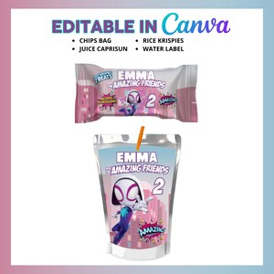 Puede incluir: Una caja de jugo rosa y blanca con una imagen de Spider-Gwen, un personaje de superh&eacute;roe femenino. La caja de jugo tiene el texto "Emma and the Amazing Friends 2" en ella.