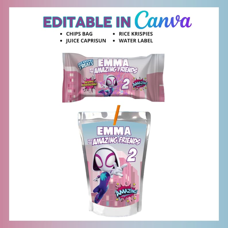 Puede incluir: Una caja de jugo rosa y blanca con una imagen de Spider-Gwen, un personaje de superh&eacute;roe femenino. La caja de jugo tiene el texto "Emma and the Amazing Friends 2" en ella.