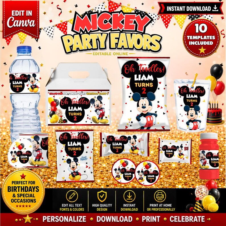 Mickey Mouse 10 Party Favors, water bottle, chip, juice and more. DIGITAL image 1