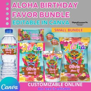 Aloha Birthday 6 Party Favors, water bottle, chip, rice krispies, juice labels and more. Edit yourself in CANVA.