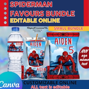 Pacote Spiderman 4 Etiquetas para festa, garrafas de água, batatas fritas, Rice Krispies e etiquetas para suco. EDITÁVEL EM CANVA