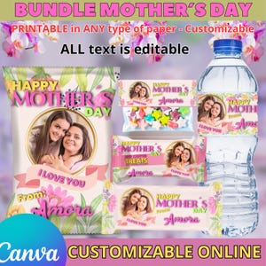 May include: Printable Mother's Day gift bundle with customizable labels. The bundle includes a bag of treats, a candy bar, a water bottle, and a label for a small gift. The labels feature a pink and white floral design with the text "Happy Mother's Day" and "I Love You".