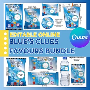 Blue’s Clues 10 Party Favor, water bottle, chip, candy bars, juice labels and more. Editable in Canva. Digital.