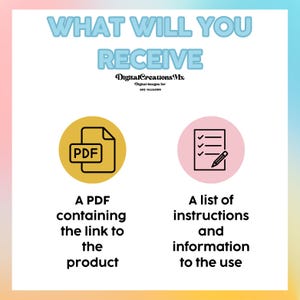 Puede incluir: Un c&iacute;rculo amarillo con un icono PDF negro en su interior y el texto "Un PDF que contiene el enlace al producto". Un c&iacute;rculo rosa con un icono de lista de verificaci&oacute;n negro y un l&aacute;piz en su interior y el texto "Una lista de instrucciones e informaci&oacute;n para el uso".