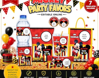 Labels for Mickey Mouse 7 Party Pack, water bottle, chip, rice krispies, juice labels, favor bags and fruit snack... DIGITAL ONLY