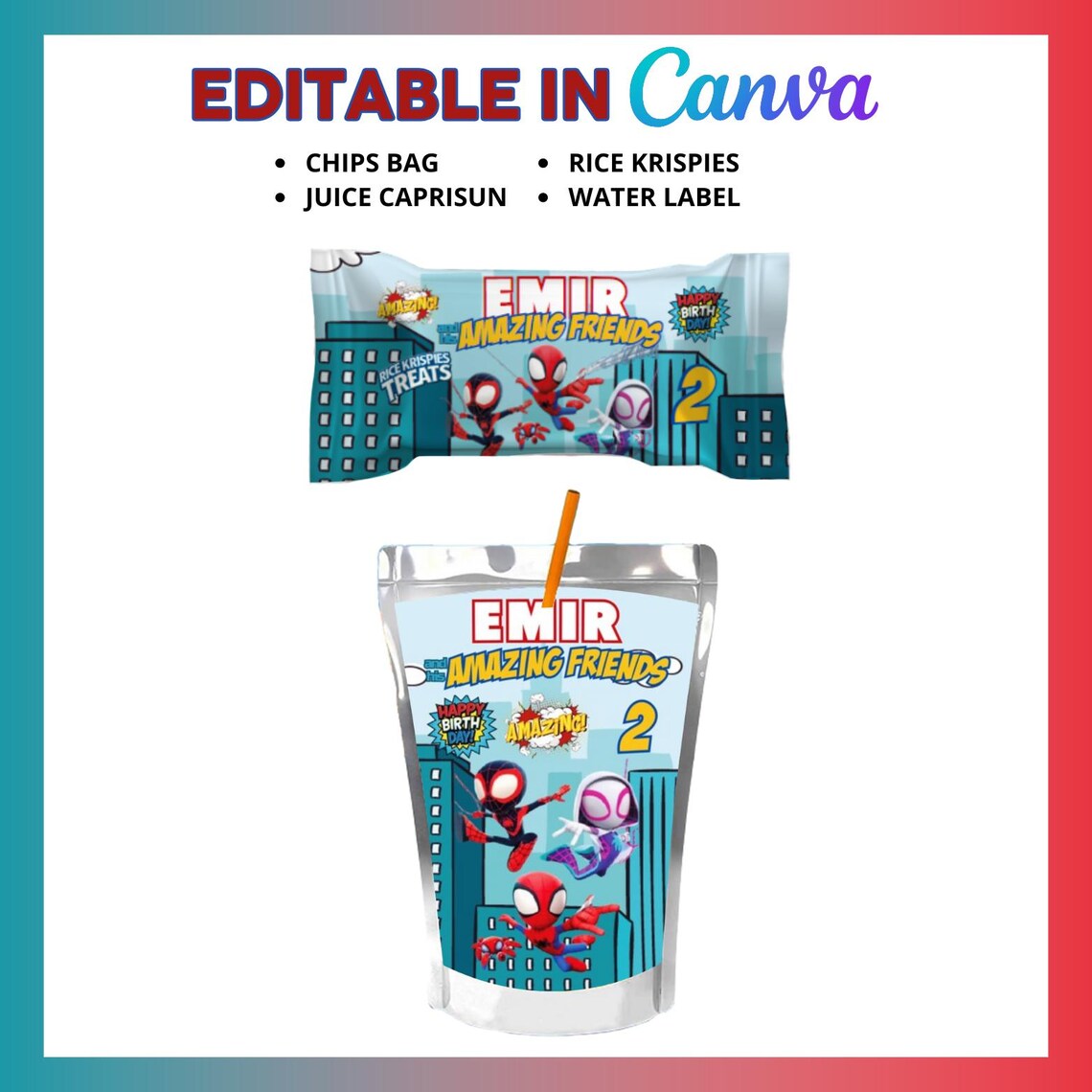 Spidey and His Amazing Friends 4 Party Labels, Water Bottle, Chip, Rice ...