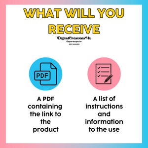 May include: A graphic with the text "WHAT WILL YOU RECEIVE" in yellow. It shows a PDF icon in a blue circle and a list icon in a pink circle. The text below the icons describes what the buyer will receive.