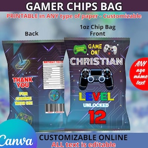 Gamer Birthday Chips-zakjes tempel. BEWERKBAAR OP CANVA