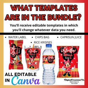Puede incluir: Plantillas editables para favores de fiesta, que incluyen una etiqueta para botella de agua, una bolsa de patatas fritas, una bolsa de jugo Capri Sun y una caja de Rice Krispies. Todas las plantillas presentan un dise&ntilde;o de Minnie Mouse rojo y blanco con el texto "Oh Toodles! Bella Turns 1". Las plantillas est&aacute;n dise&ntilde;adas para ser editadas en Canva.