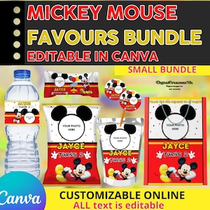 Mickey Mouse 6 Birthday favors, water bottle, chip, rice krispies, juice labels, bags and stickers. DIGITAL