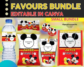 Mickey Mouse 6 Birthday favors, water bottle, chip, rice krispies, juice labels, bags and stickers. DIGITAL