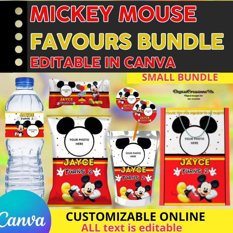 Mickey Mouse 6 Birthday favors, water bottle, chip, rice krispies, juice labels, bags and stickers. DIGITAL image 1