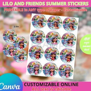 Lilo and Friends Summer Birthday Party - Stickers 2.5in Template, EDIT Yourself in CANVA