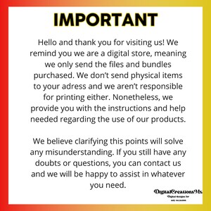 May include: A red and yellow graphic with the word "IMPORTANT" in large white letters. The text explains that the shop is a digital store and only sends digital files, not physical items. It also states that the shop is not responsible for printing and provides instructions for using the products.