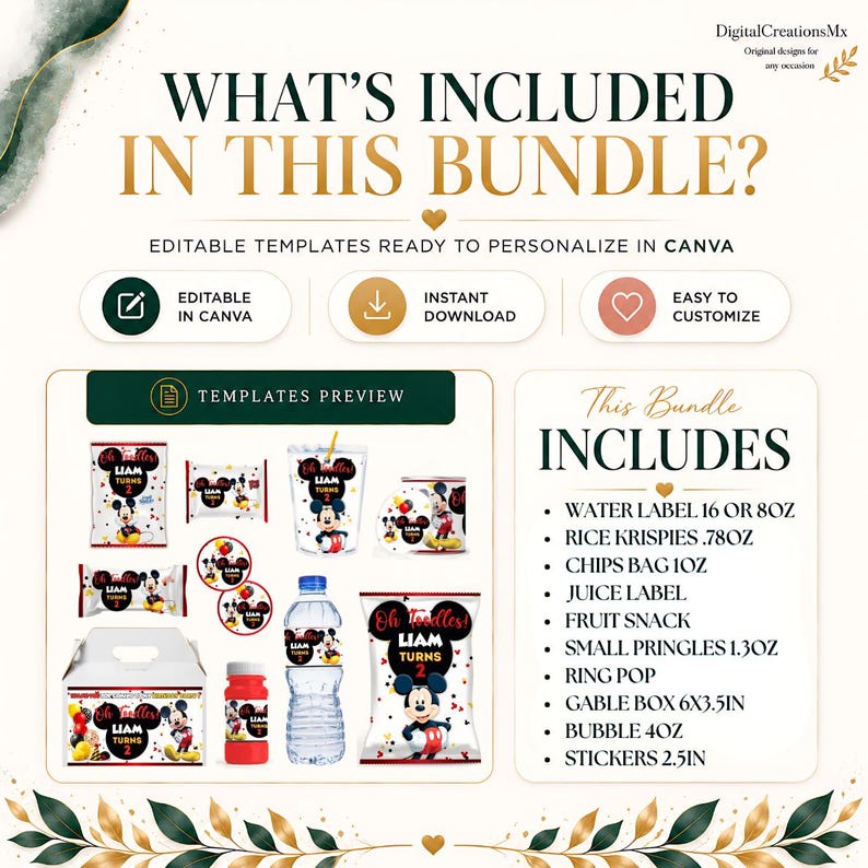 Mickey Mouse 10 Party Favors, water bottle, chip, juice and more. DIGITAL image 2