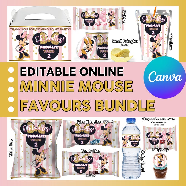 Puede incluir: Paquete de favores de fiesta de Minnie Mouse editable con dise&ntilde;os en rosa y dorado. Incluye etiquetas para botellas de agua, barras de caramelo, bolsas de patatas fritas, anillos de caramelo, golosinas de arroz Krispies y una peque&ntilde;a caja de regalo de fiesta. Las etiquetas presentan a Minnie Mouse con el texto "Oh Toodles! Promise Turns 2".