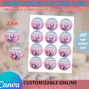 Puede incluir: Hoja de pegatinas personalizables con un diseño de Ghost-Spider. Cada pegatina tiene 6,35 cm de diámetro e incluye el texto "EMMA AMAZING FRIENDS 2". Las pegatinas son imprimibles y personalizables en línea.