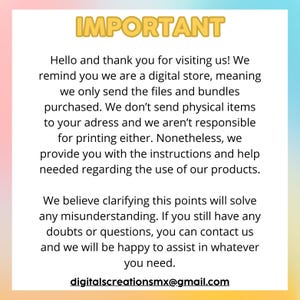 Puede incluir: Un fondo rosa y azul con un cuadro de texto blanco que contiene el texto "IMPORTANTE". El cuadro de texto contiene informaci&oacute;n sobre una tienda digital que vende archivos y paquetes digitales. El cuadro de texto tambi&eacute;n incluye la direcci&oacute;n de correo electr&oacute;nico "digitalscreationsmx@gmail.com".