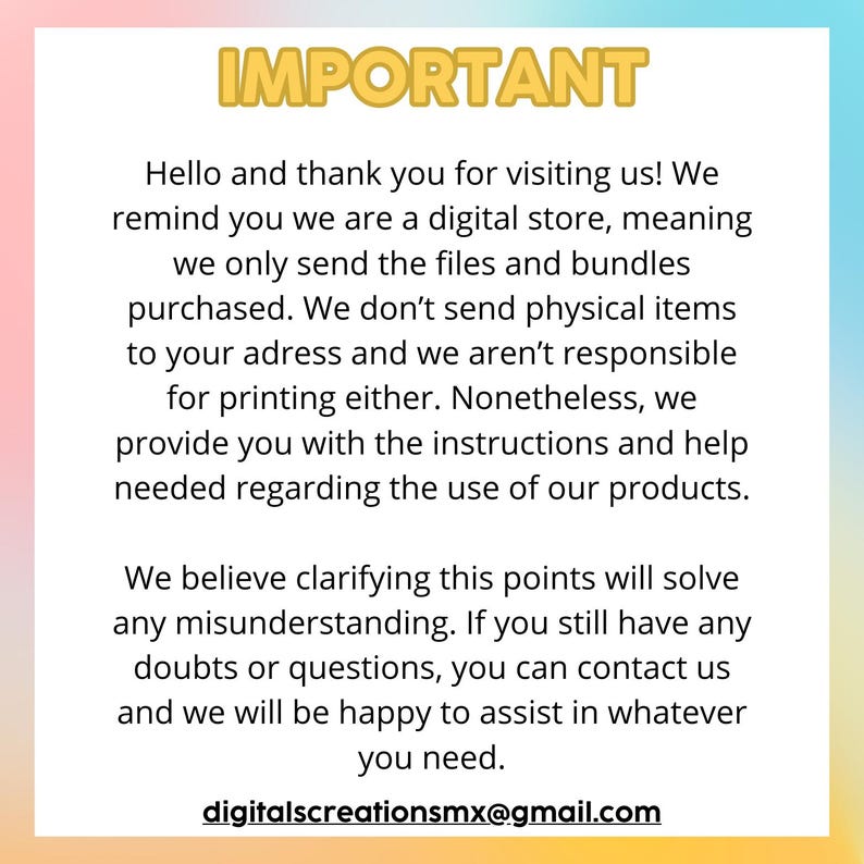 Puede incluir: Un fondo rosa y azul con un cuadro de texto blanco que contiene el texto "IMPORTANTE". El cuadro de texto contiene informaci&oacute;n sobre una tienda digital que vende archivos y paquetes digitales. El cuadro de texto tambi&eacute;n incluye la direcci&oacute;n de correo electr&oacute;nico "digitalscreationsmx@gmail.com".