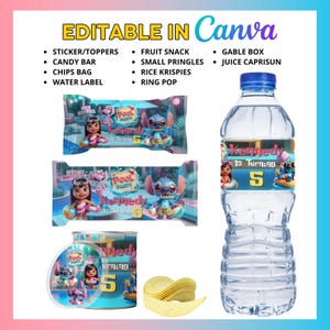 May include: A collection of party favors and decorations, including a water bottle, candy bar wrappers, and a chips bag, all featuring a "Pool Party" theme with the name "Kennedy" and the number "5". The image also includes the text "Editable in Canva".