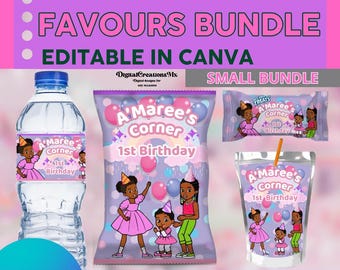 Birthday Gracie 4 Party Pack, water bottle, chip, juice labels and rice. Edit yourself in CANVA.
