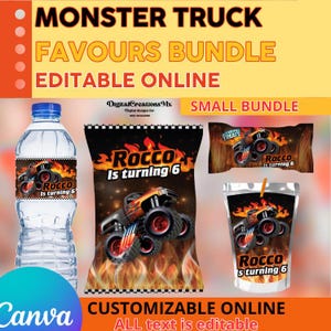 May include: A party favor bundle featuring a monster truck theme. Includes water bottle labels, chip bags, treat bags, and juice pouches. The text "Rocco is turning 6" is displayed on each item. The design is customizable online.