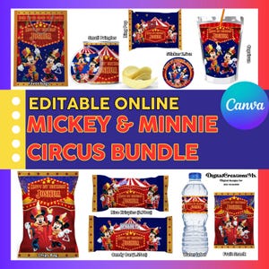 May include: Printable party favor labels featuring Mickey Mouse and Minnie Mouse dressed as circus performers. The labels are designed for a birthday party and include the name "Joshua". The labels are for various items such as chips bags, candy bars, water bottles, fruit snacks, and small containers of Pringles.