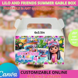 Lilo and Friends Summer Birthday Party - Gable box. Editable in CANVA
