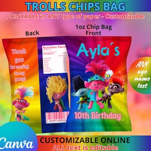 Trolls Chips bags templete. EDITABLE IN CANVA