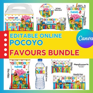 Pocoyo 8 Party Favors, water bottle, chip, candy bars, juice labels and more. Edit yourself in CANVA.