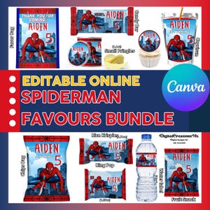 Spiderman Bundle 10 Party Labels, water bottle, chip, candy bars, juice labels and more. EDITABLE IN CANVA