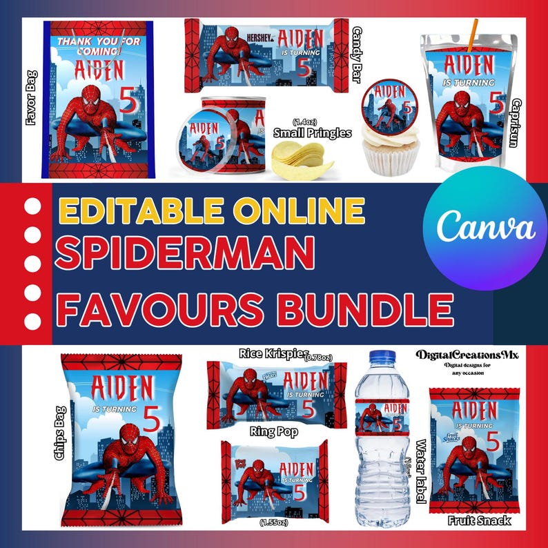 May include: Editable Spiderman party favor bundle with printable designs for various treats, including chips, candy bars, rice krispies, ring pops, water bottles, and fruit snacks. The designs feature a red and blue Spiderman character with the text "Aiden is turning 5".